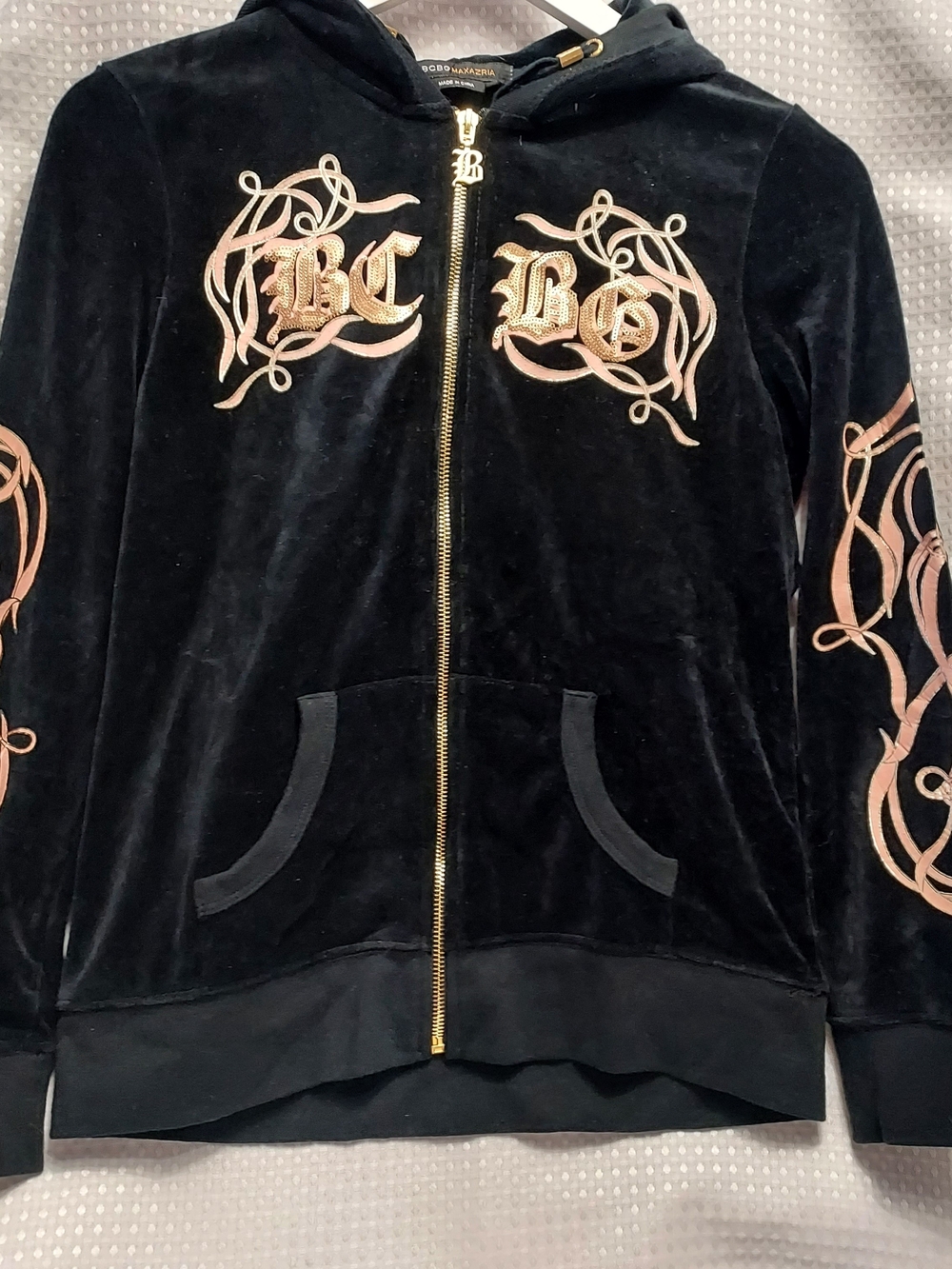 BCBGMAXAZRIA Black Velvet Zip Hoodie with Gold Embroidery